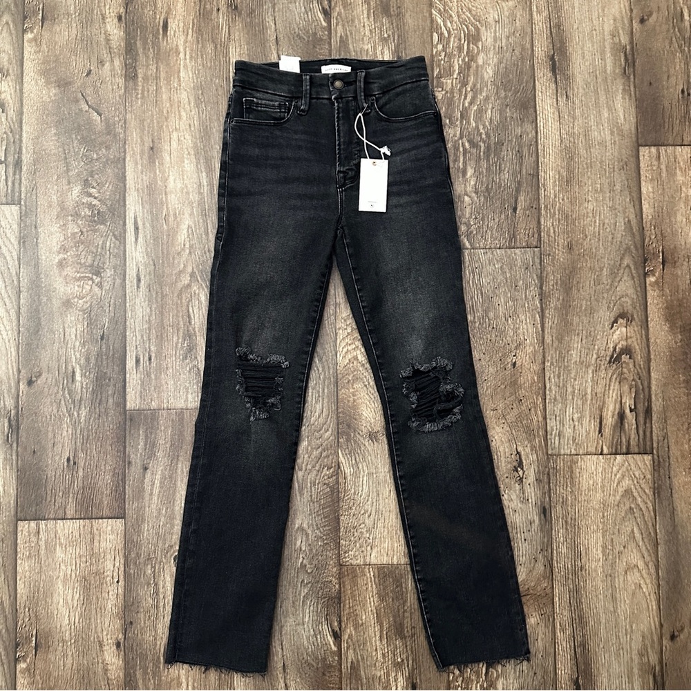 Good American Raw Hem Knee Ripped Jeans Women’s Black Denim Waist 24